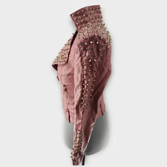SX Honey Pot Spiked Jacket Womens S Faux Leather Baby Pink Belted Punk Moto NWT - Picture 4 of 10